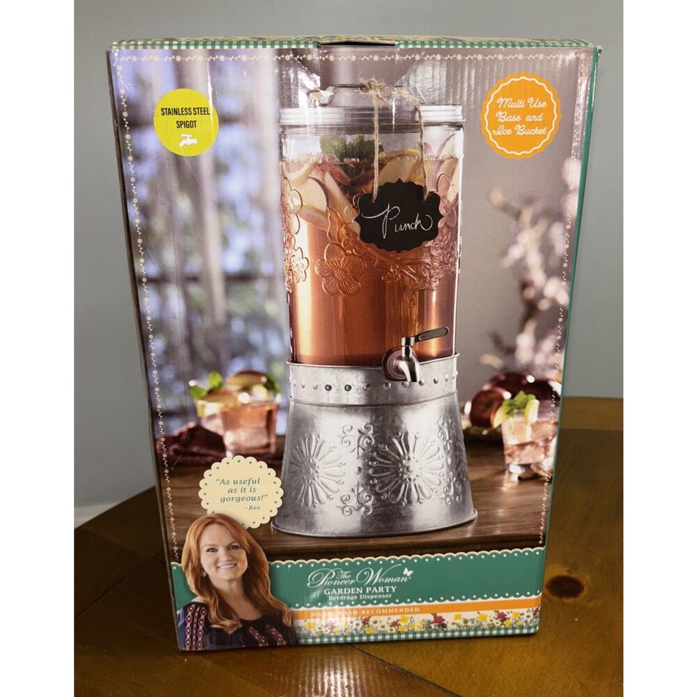 The Pioneer Woman Garden Party Beverage Dispenser Glass/Stand/Ice Bucket NIB